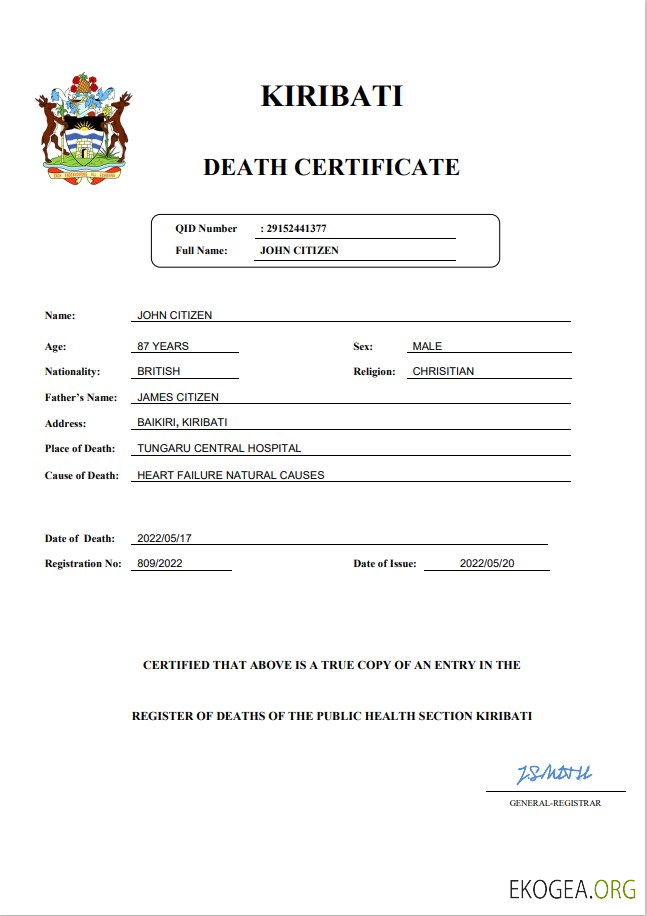 Modèle Word et PDF de certificat de décès de l'état civil de Kiribati